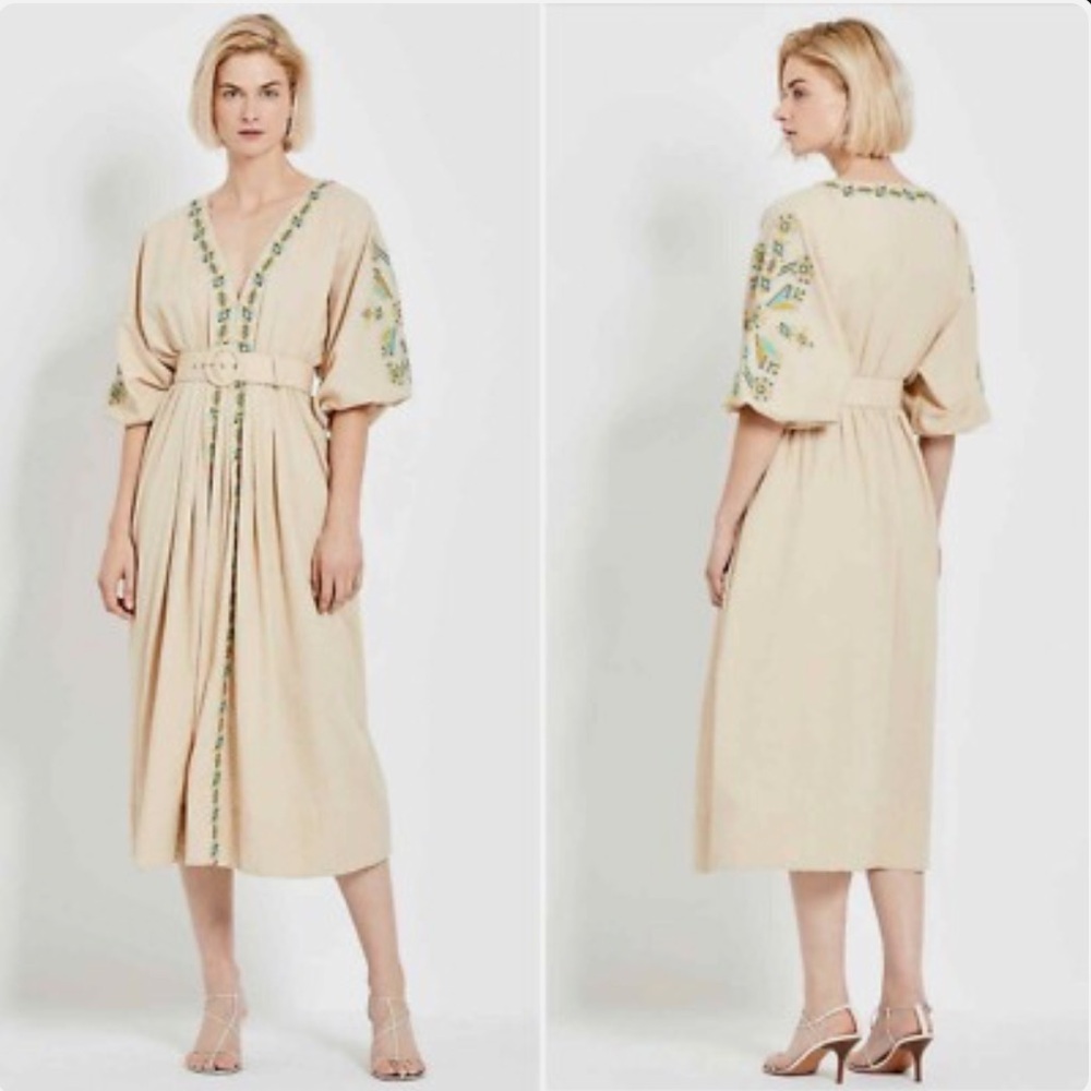NICHOLAS Neesha Embroidered Belted Midi‎ Dress in Adobe